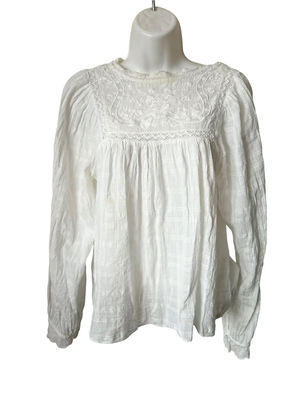 Zara white Embroidered Yoke Peasant Blouse, Sz XS